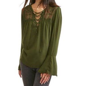No Boundaries olive top with laced-up front